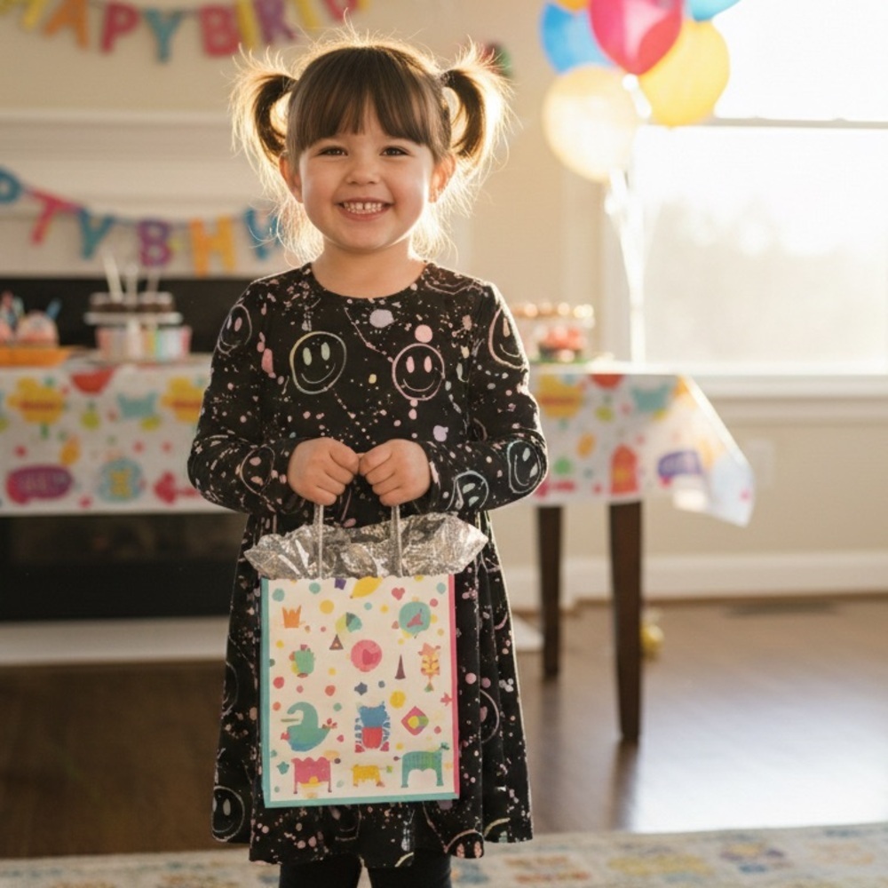 PixieLane Charming Smiley Face Kids Dress - Black with Pastel Splashes